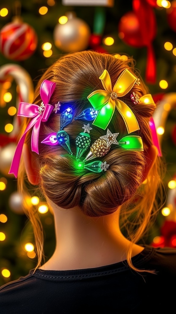 A festive hairstyle with colorful ribbons and sparkling accessories inspired by Christmas lights.
